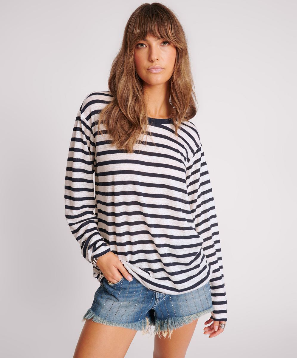 One Teaspoon Linen Yarn Dye Stripe Longsleeve Boyfriend Tee - Blue White