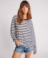 One Teaspoon Linen Yarn Dye Stripe Longsleeve Boyfriend Tee - Blue White