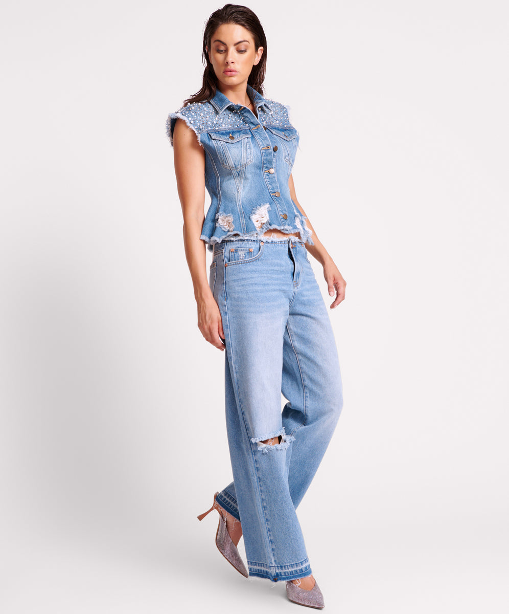 One Teaspoon Low Riders Low Waist Wide Leg Denim Jeans - Bolt Blue