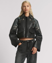 One Teaspoon Matador Leather Cropped Jacket - Black