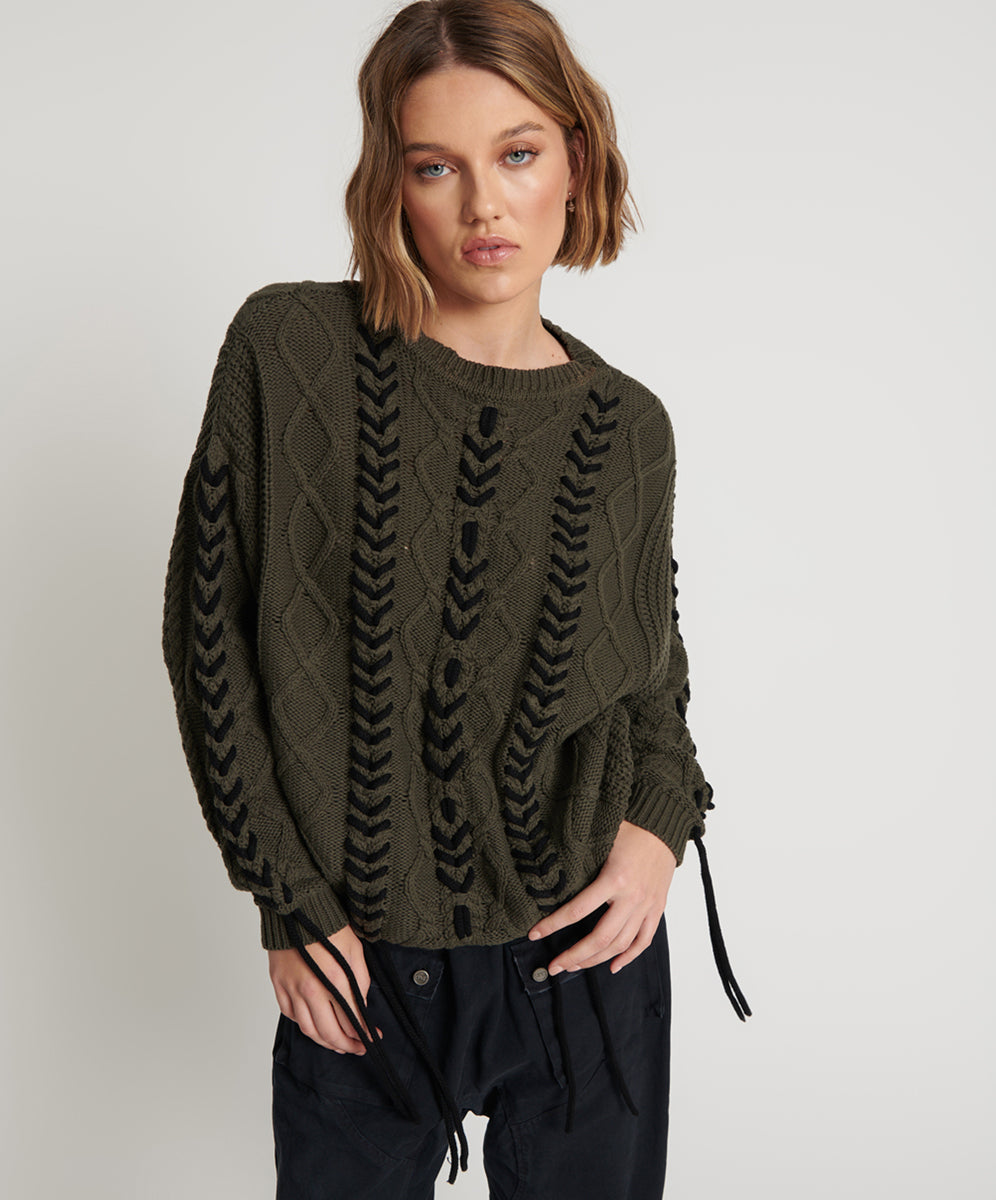 One Teaspoon Military Khaki Threaded Cable Sweater