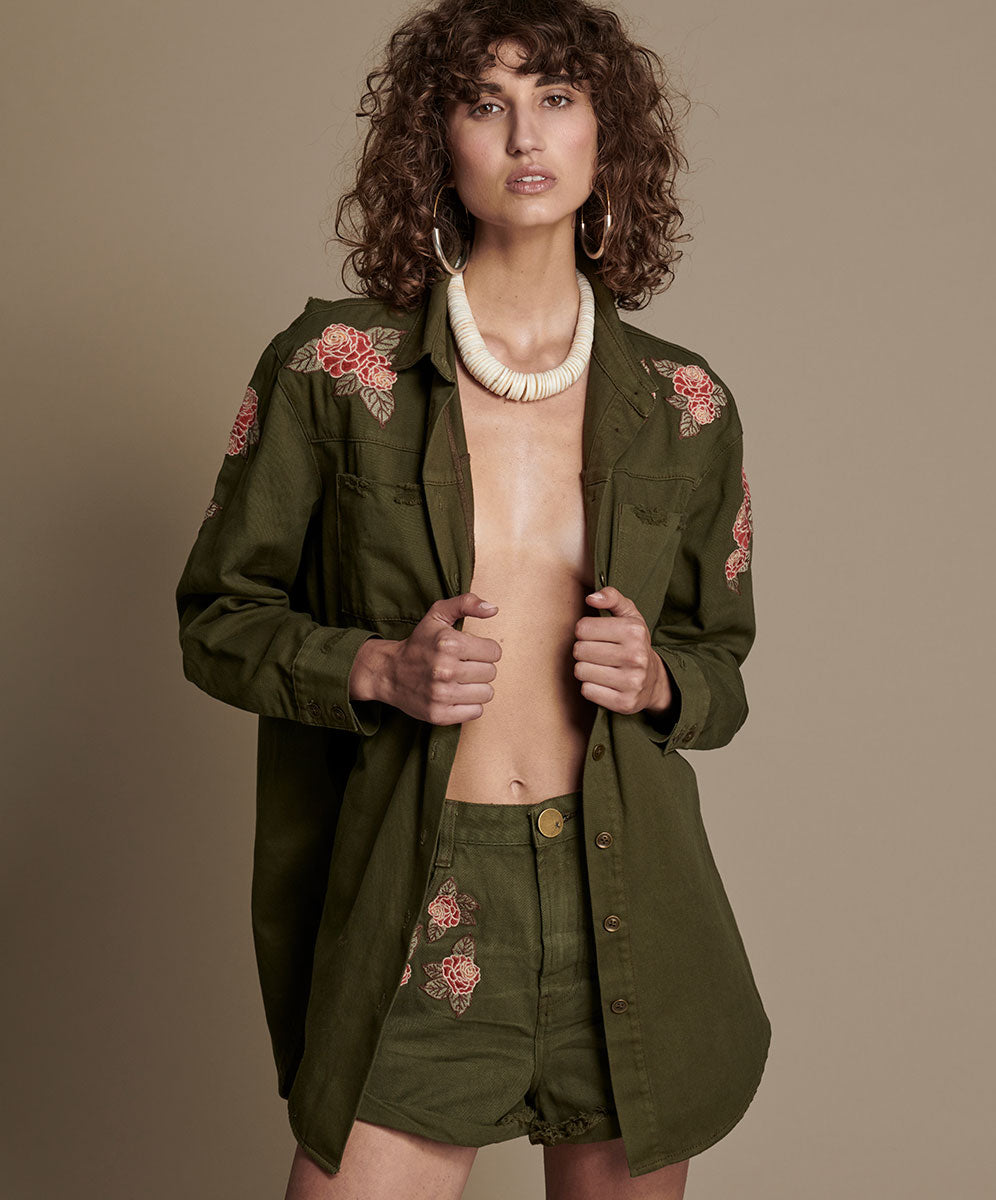 One Teaspoon Olive Wild Rose Military Shirt