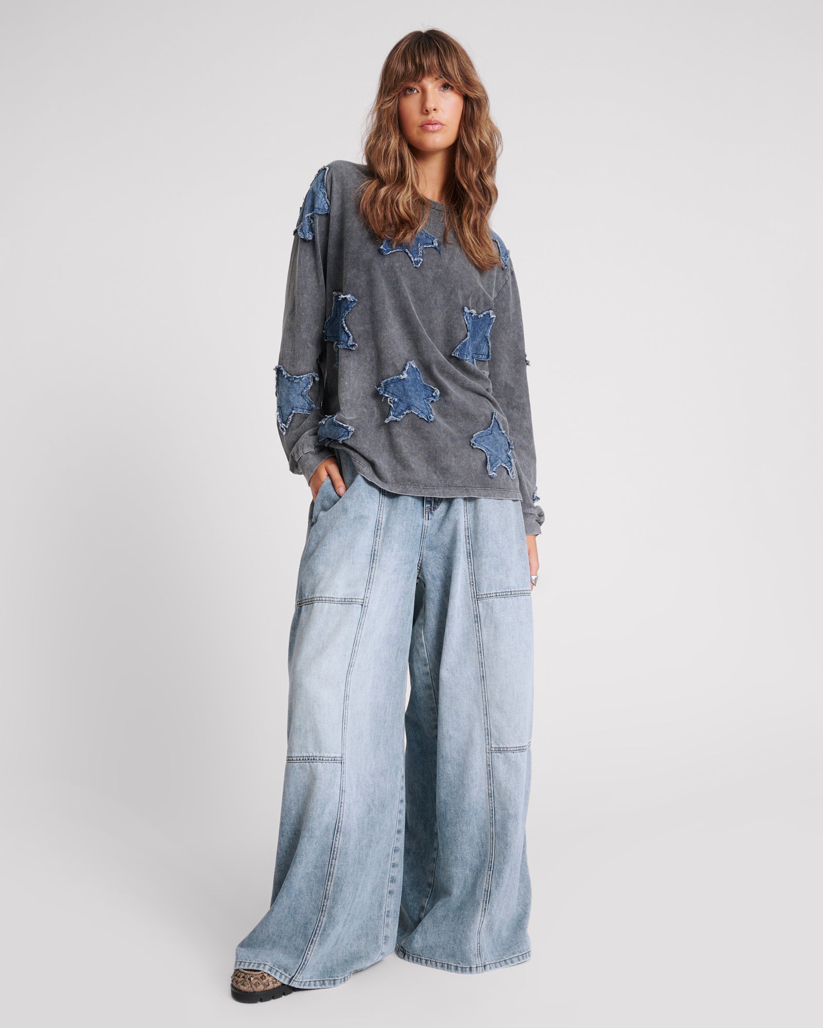 One Teaspoon Palazzo Mid Waist Denim Jeans - Blue Blossom