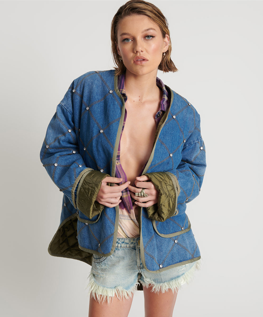 One Teaspoon Quilted Crystal Studded Denim Jacket - Bay Blue