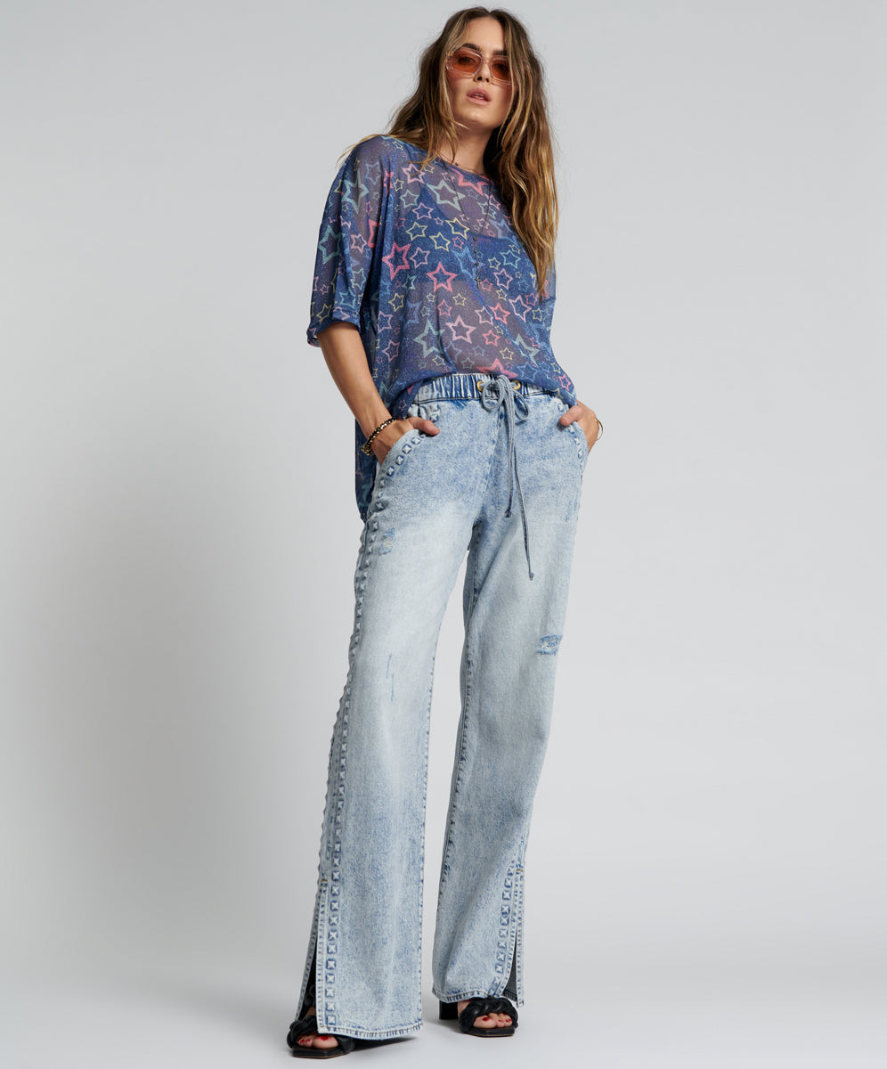 One Teaspoon Riveted Roadhouse Wide Leg Drawstring Jeans