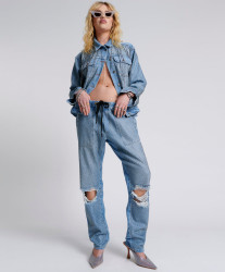 One Teaspoon Shabbies Low Waist Drawstring Boyfriend Denim Jeans - Vintage Blue