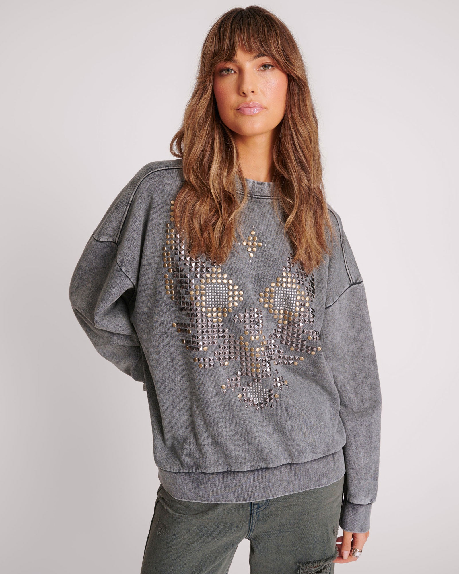 One Teaspoon Studded Eagle Retro Sweater - Charcoal