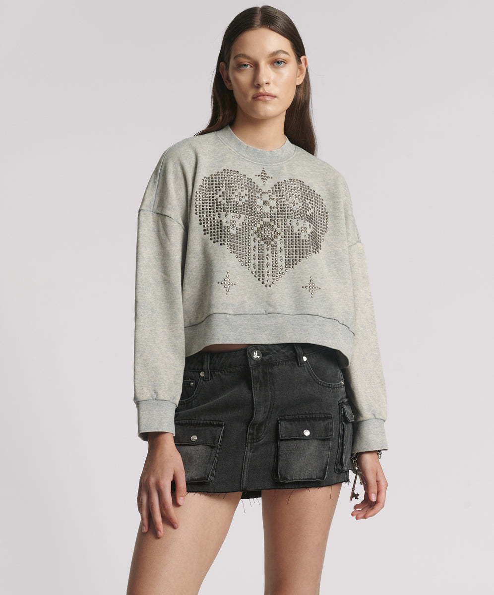 One Teaspoon Studded Heart Grey Cropped Sweater - Grey Marl