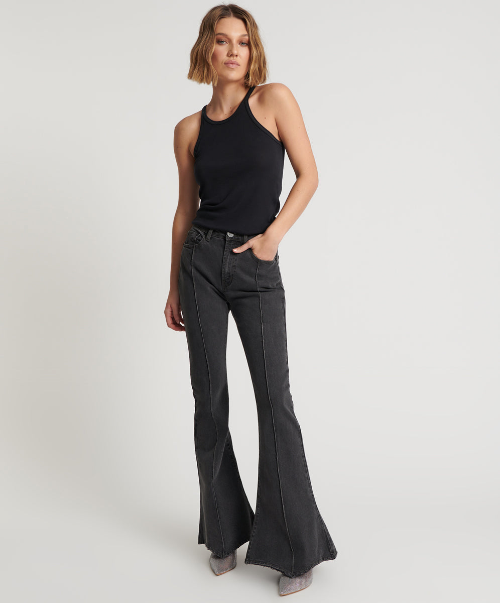 One Teaspoon Washed Black High Waist Trumpet Flare Jeans