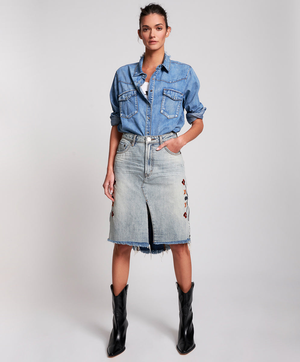 One Teaspoon Woodstock Embroidered Longline Trucker Skirt