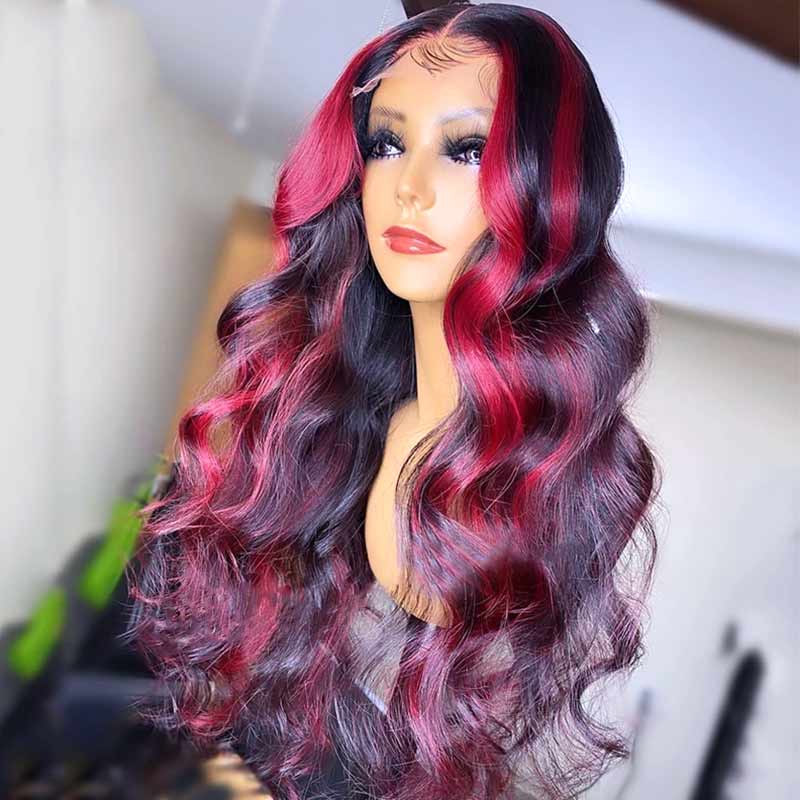 Pink Highlight 99J Highlight Piano Color Straight Wig Highlights on Black Hair