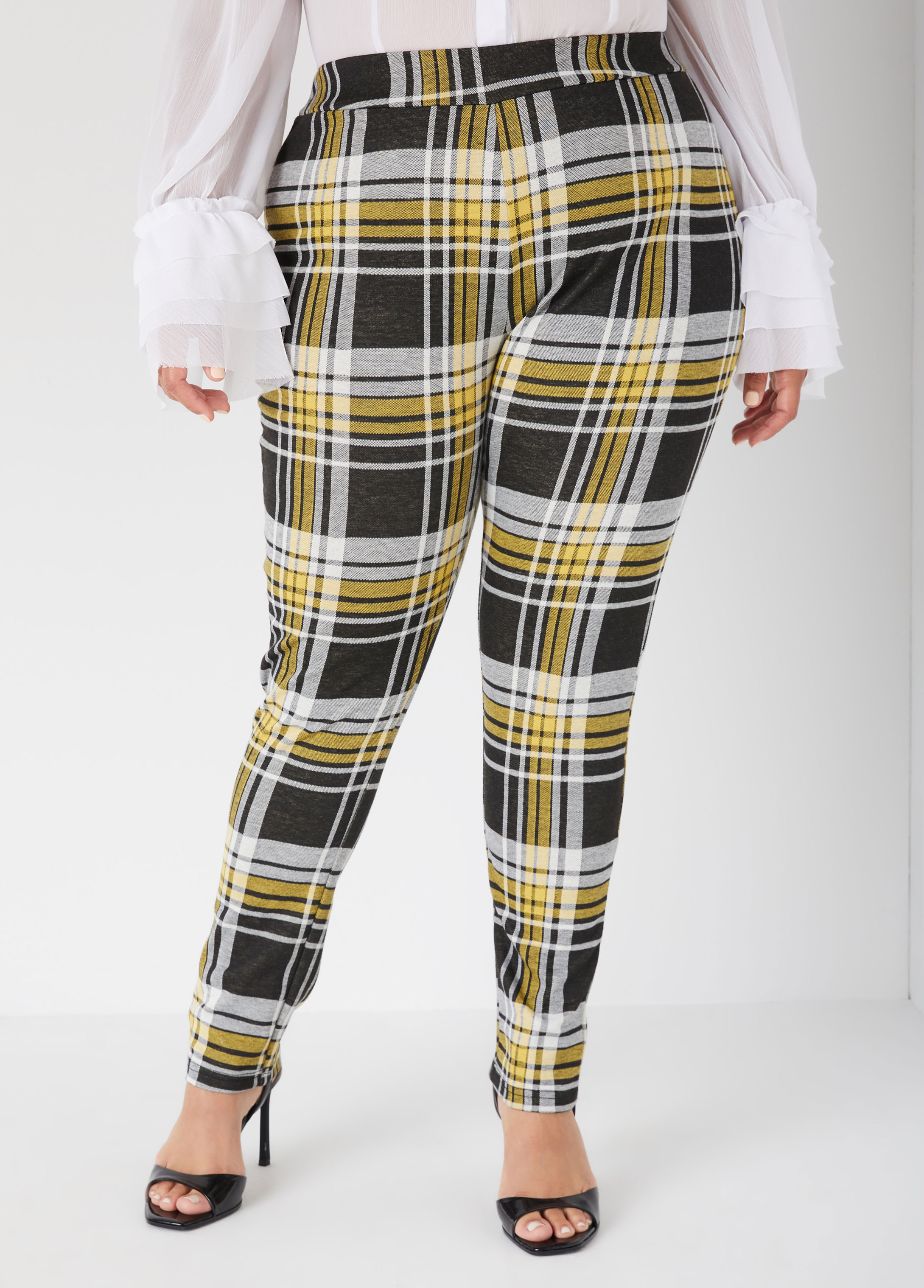 Plus Size High Rise Plaid Pull On Leggings, BLACK, 18/20 - Ashley Stewart