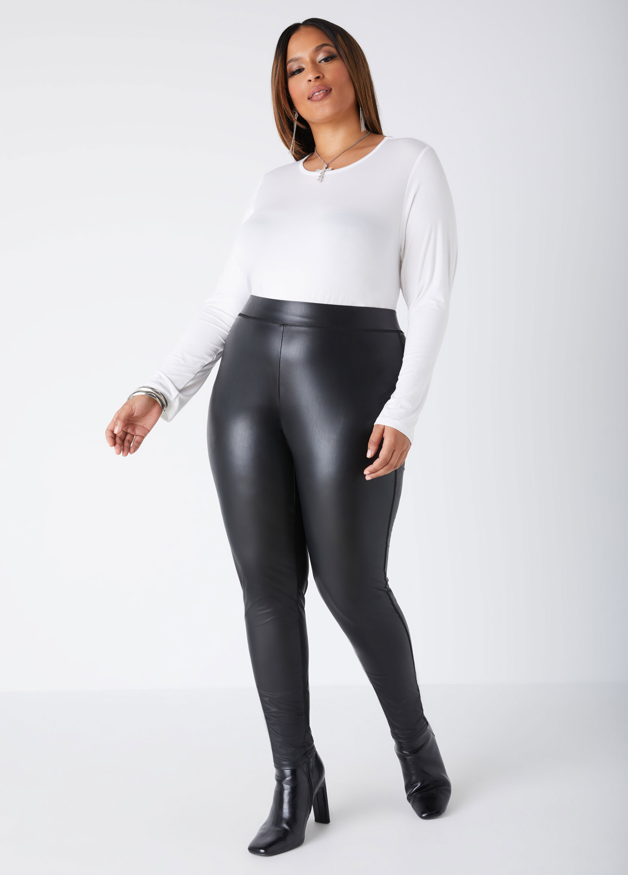 Plus Size High Waist Faux Leather Leggings, BLACK, 10/12 - Ashley Stewart