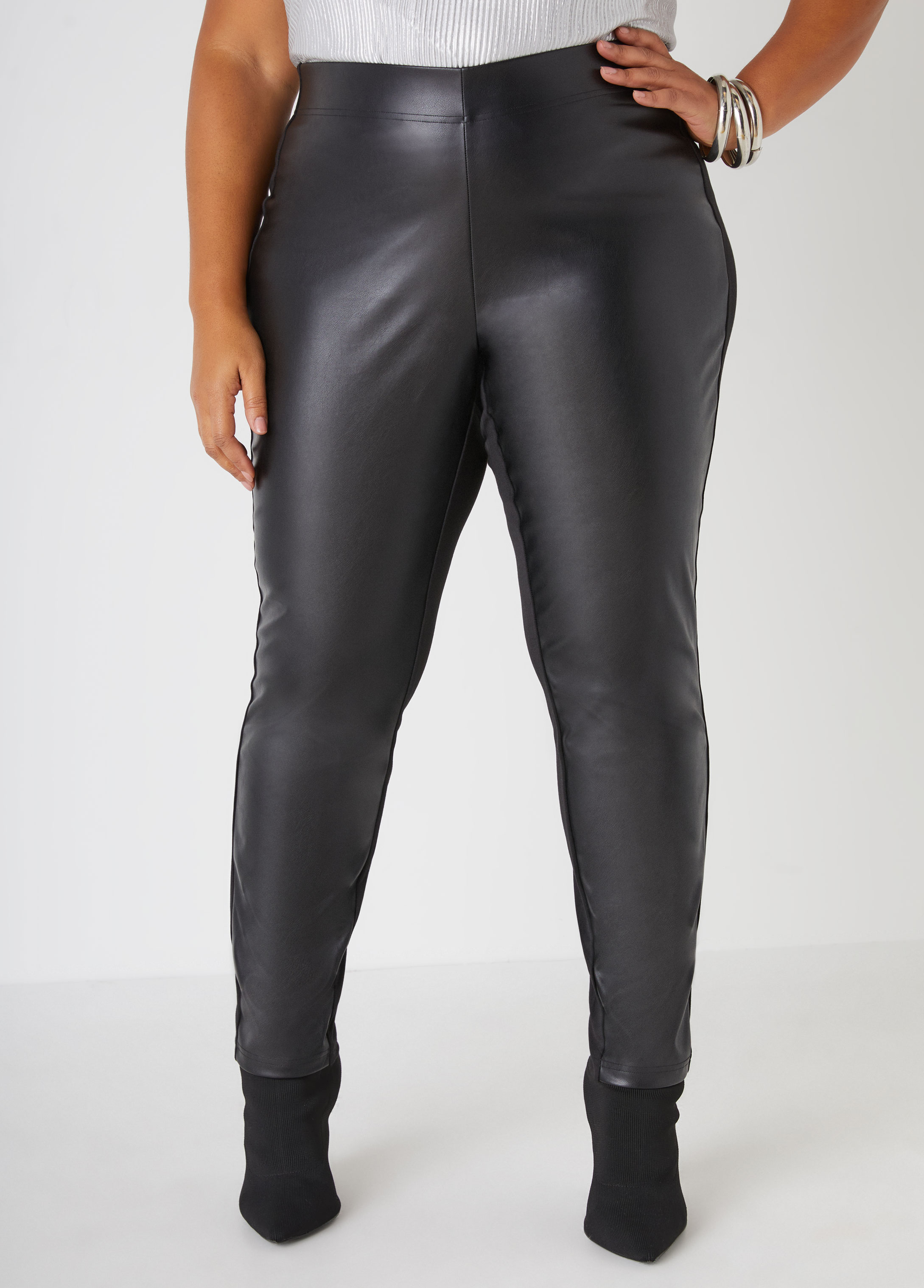 Plus Size Ponte And Faux Leather Leggings, BLACK, 10/12 - Ashley Stewart