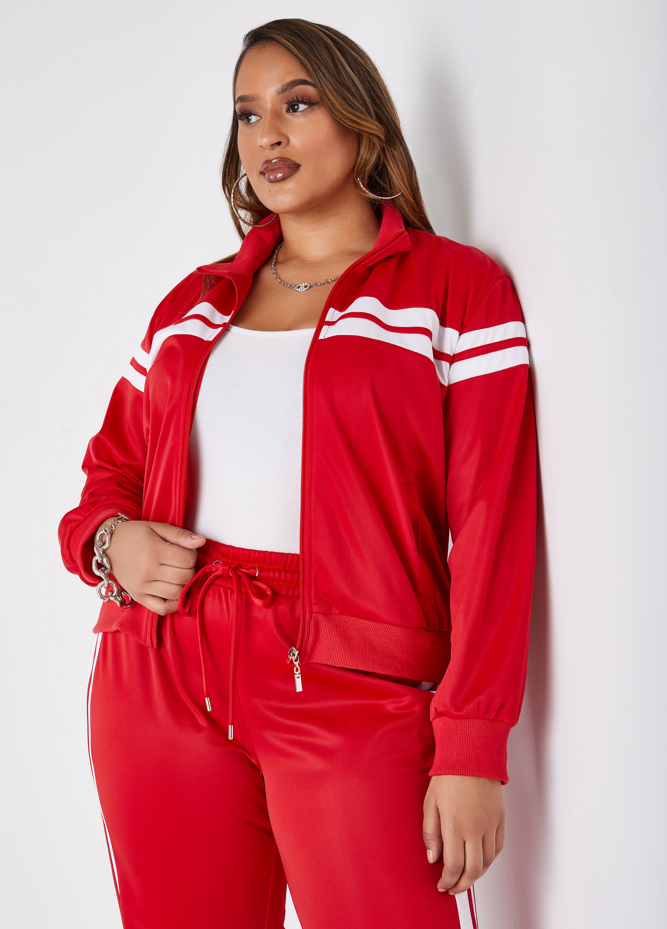 Plus Size Zip Front Striped Track Jacket, , 26/28 - Ashley Stewart