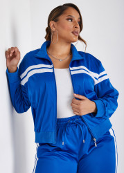 Plus Size Zip Front Striped Track Jacket, BLUE, 30/32 - Ashley Stewart