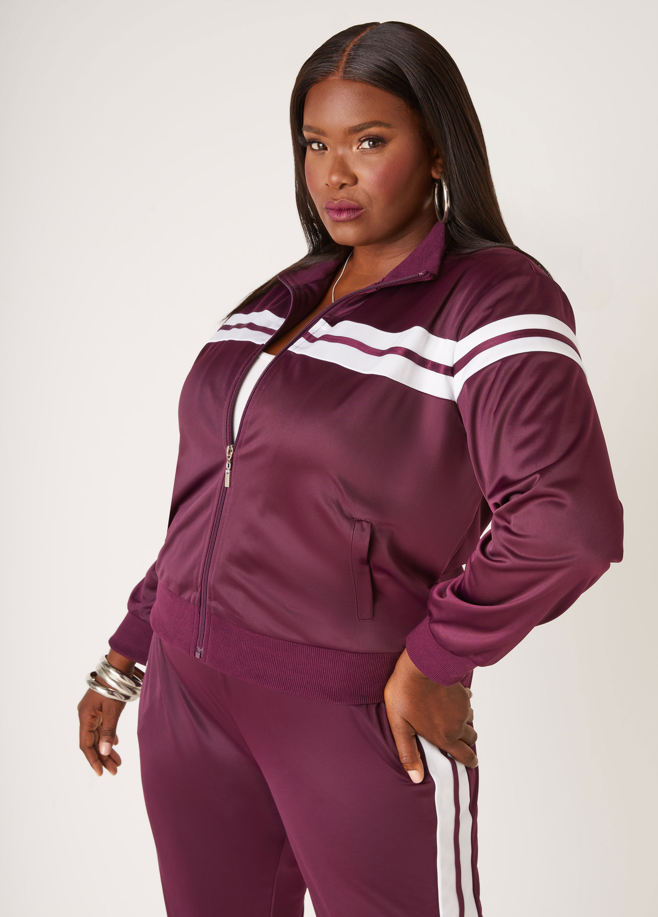 Plus Size Zip Front Striped Track Jacket, PURPLE, 26/28 - Ashley Stewart