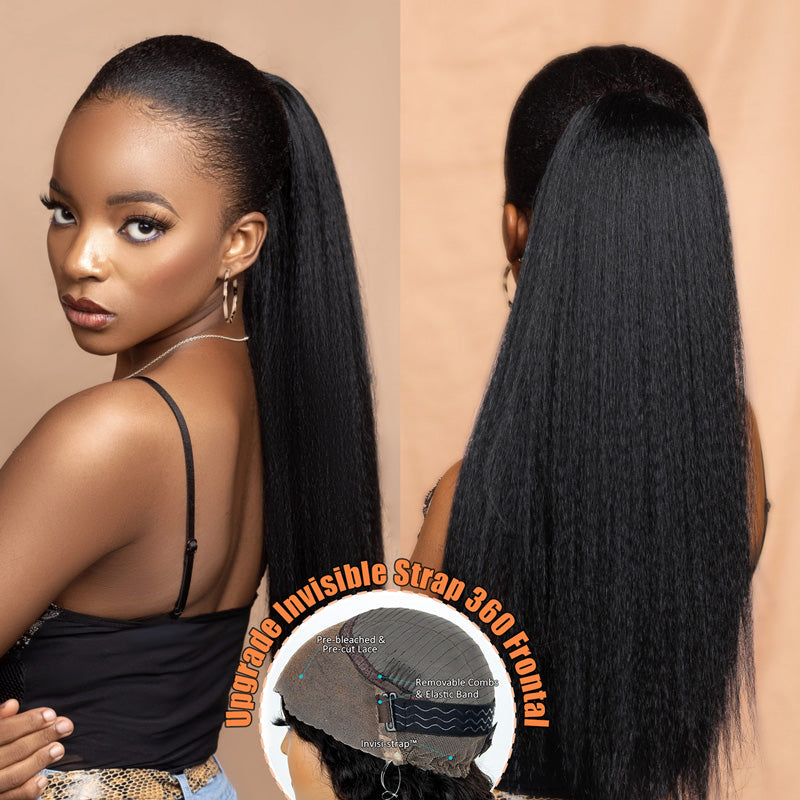 Super Natural Kinky Straight Invisi-Strap™ Snug Fit 360 Transparent Lace Frontal Bleached Knots Pre Cut Lace Wig