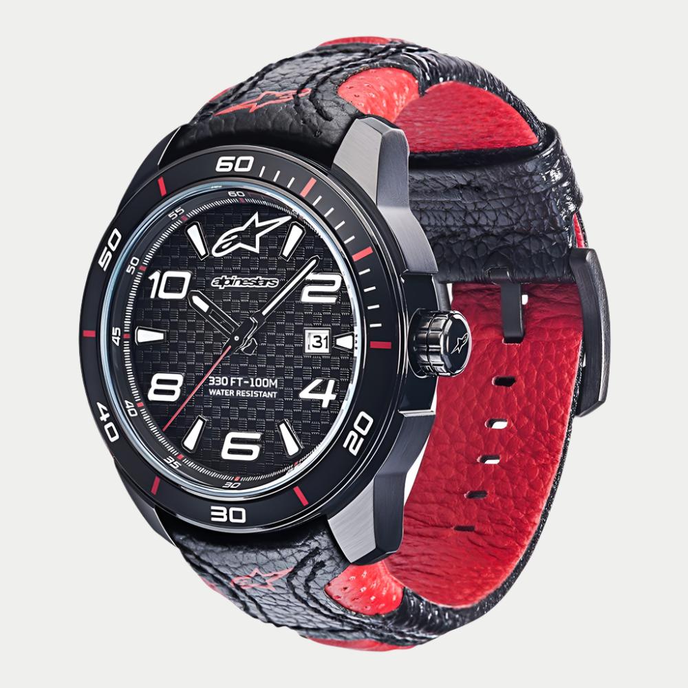 Tech Watch 3H Black Leather-Black/Red