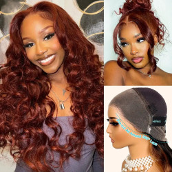 Upgrade Reddish Brown 3D Body Wave Invisi Strap Laid Flat 360 Skin Lace Frontal Pre-Bleached Knots Put On & Go Wig