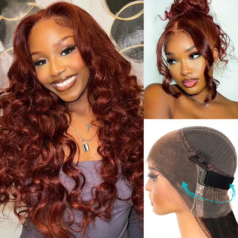 Upgrade Reddish Brown 3D Body Wave Invisi-Strap™ Laid Flat 360 Skin Lace Frontal Pre-Bleached Knots Put On & Go Wig