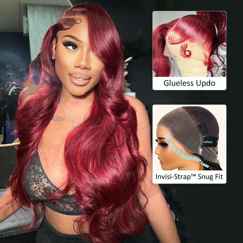 Upgrade Snug Fit Ashimary Invisi Strap 360 Lace Frontal 99J Burgundy 3D Body Wave Pre Everything Glueless Human Hair Wig