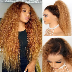 Water Wave Invisi Strap 360 Skin Lace Frontal Ombre Honey Blonde Wig With Chocolate Dark Roots Pre Everything Glueless Wig