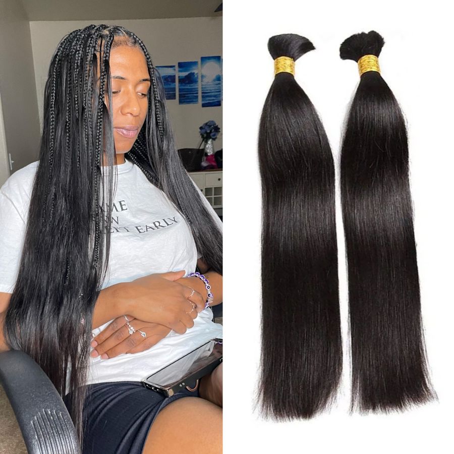 WOWANGEL Bulk Human Hair for Braiding Straight Nature Black 50g/bundle *2